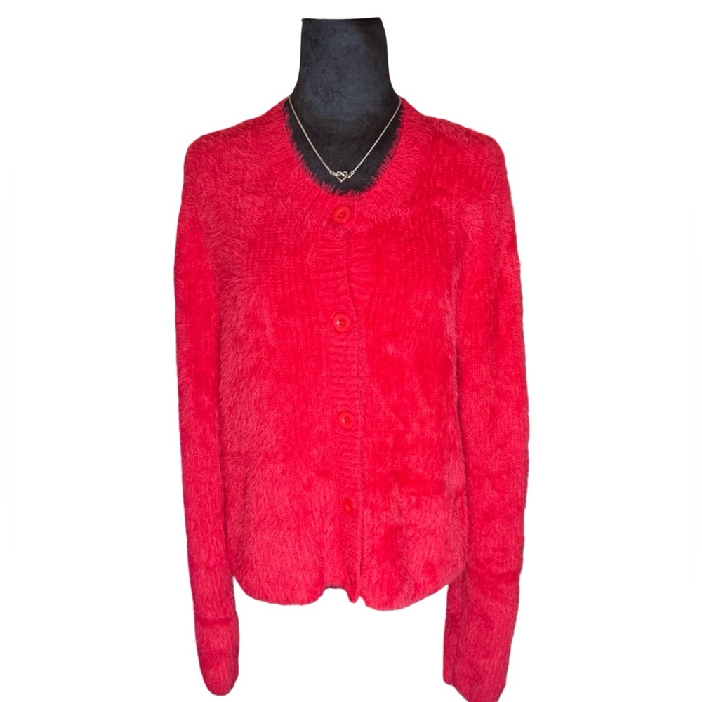 Dear John Fuzzy Poppy Red Button-Down Sweater - NWT
